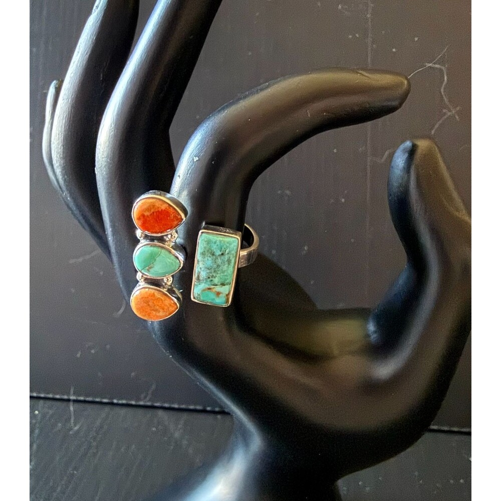 Sterling Silver Turquoise & Spiny Oyster Southwestern Bypass Statement Ring - Picture 7 of 8